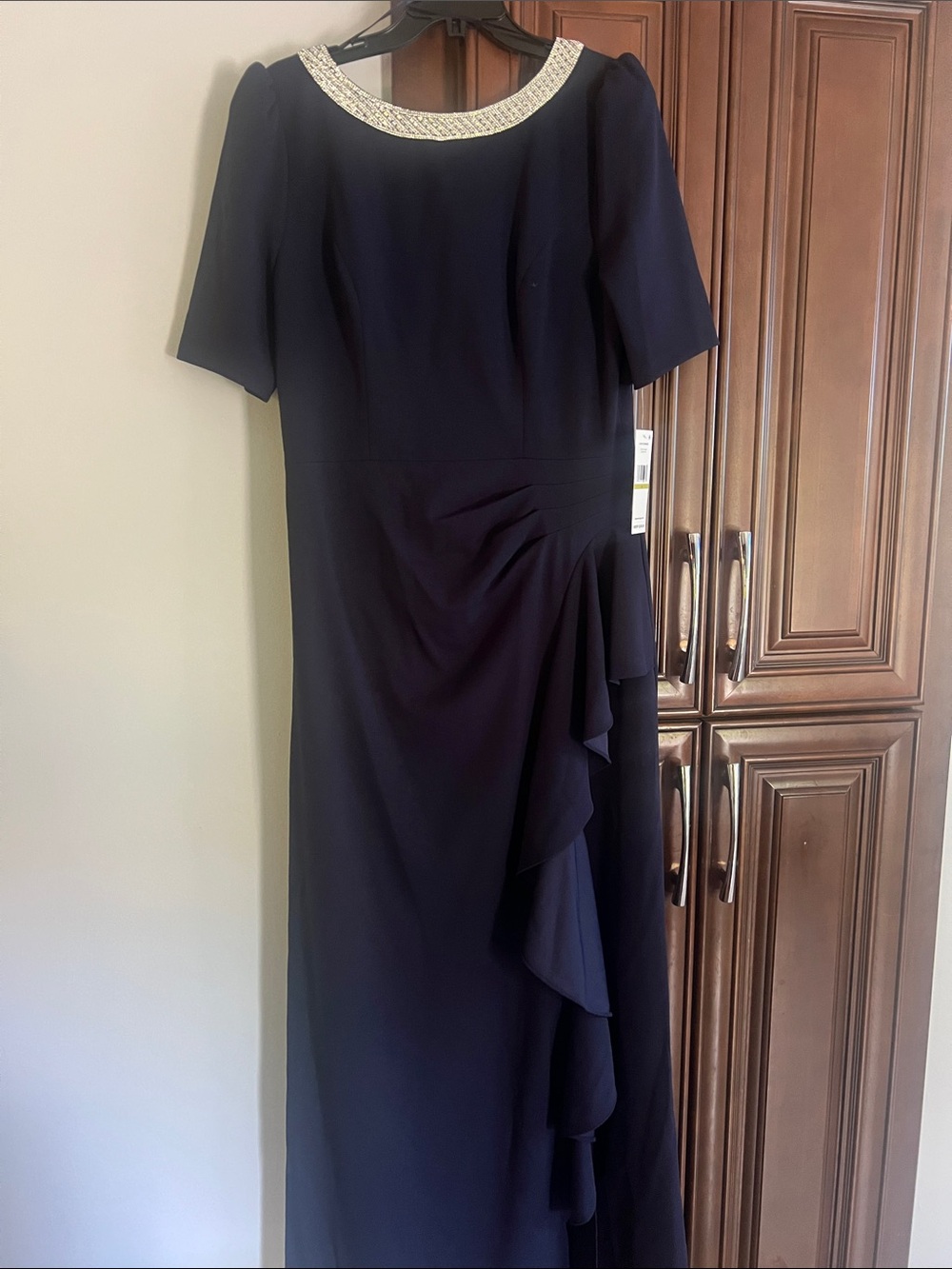 Alex Evenings Navy Maxi Dress with Embellished Neckline